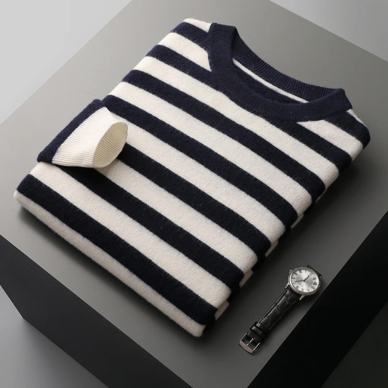 Unisex striped cashmere sweater in classic multicolor, relaxed luxury knit with O-neck collar