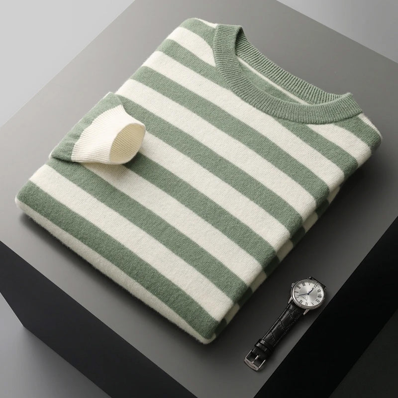 Unisex striped cashmere sweater in classic tones, O-neck luxury knit with refined drape and soft warmth