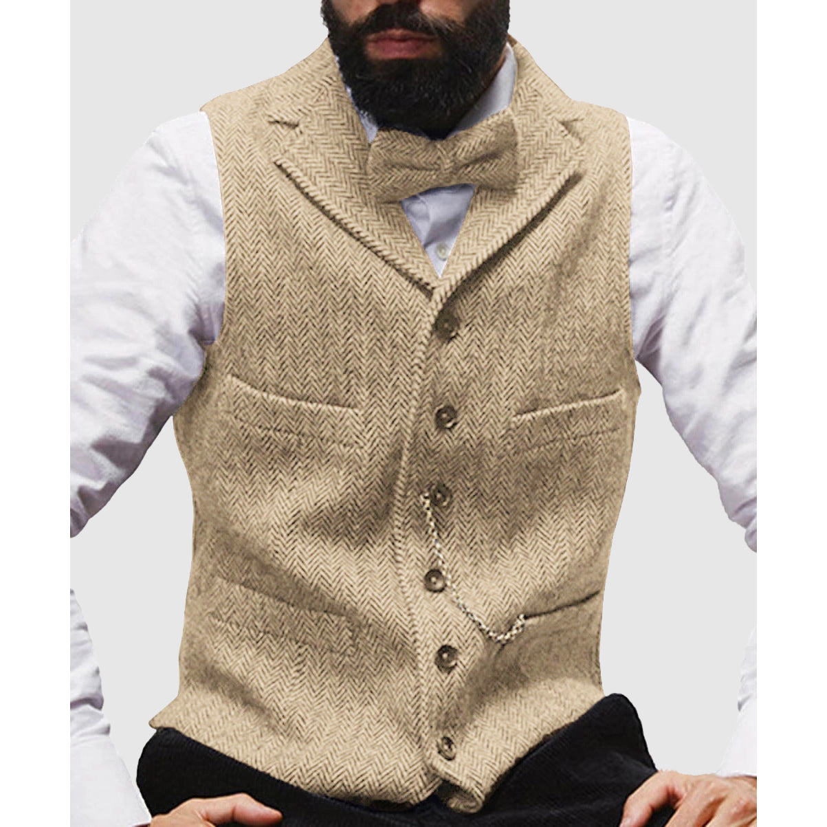 Men's tailored wool herringbone vest formal button-front waist-length slim fit sophisticated texture