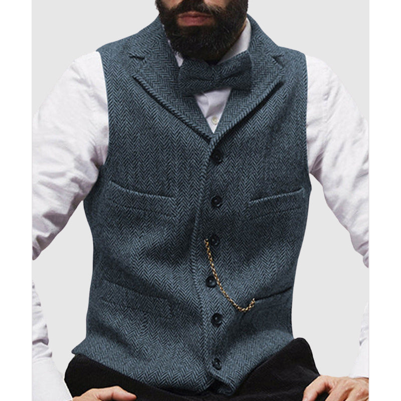 Men's wool herringbone tailored fit formal vest waist-length button front in classic neutral tone