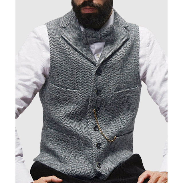 Men's tailored wool herringbone vest formal waist-length button-front in classic neutral tone