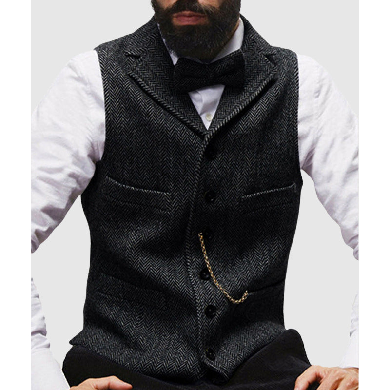 Men's wool herringbone vest tailored fit formal button-front waist-length layering piece