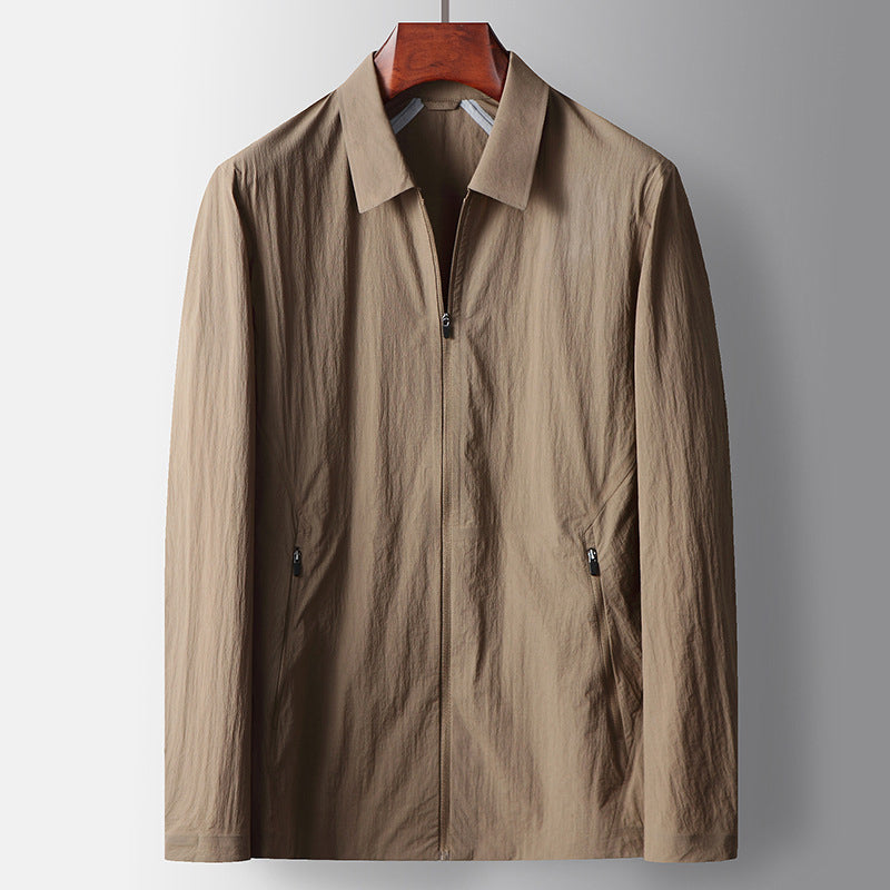 Windproof nylon blend unisex tailored jacket zip front urban fit sleek contemporary silhouette