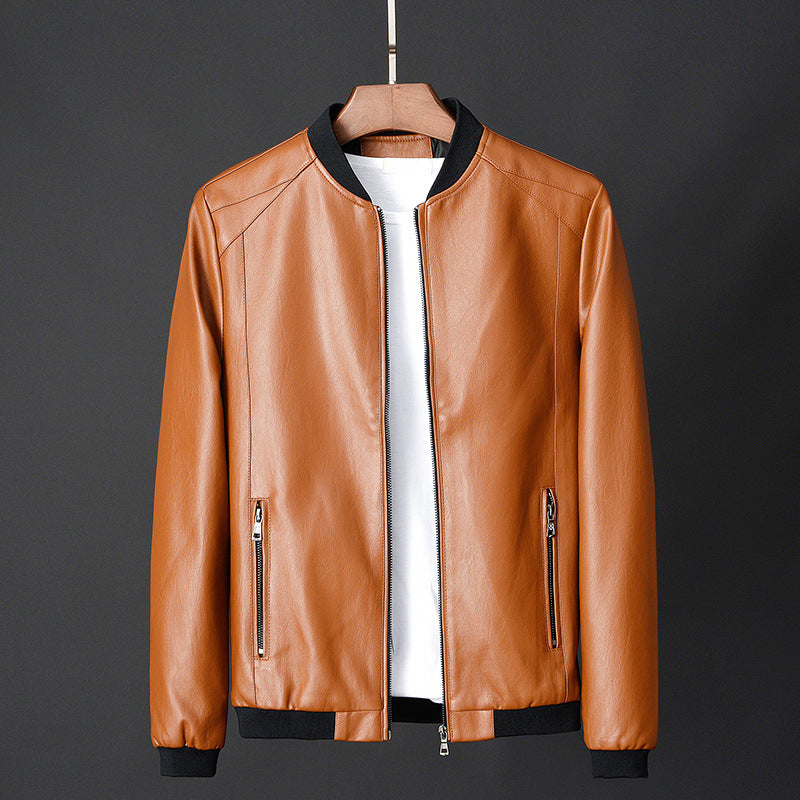 Black unisex PU leather bomber jacket with stand collar and zipper pockets by François Blanchet