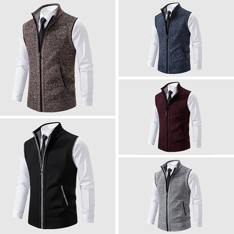Wool blend zip-up sweater vest with cozy turn-down collar, sleeveless layering piece in neutral tone