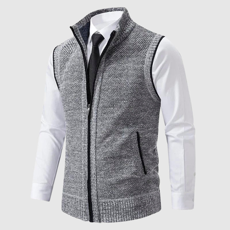 Men's gray wool-blend zip-up sweater vest, regular fit sleeveless knit layer for versatile styling