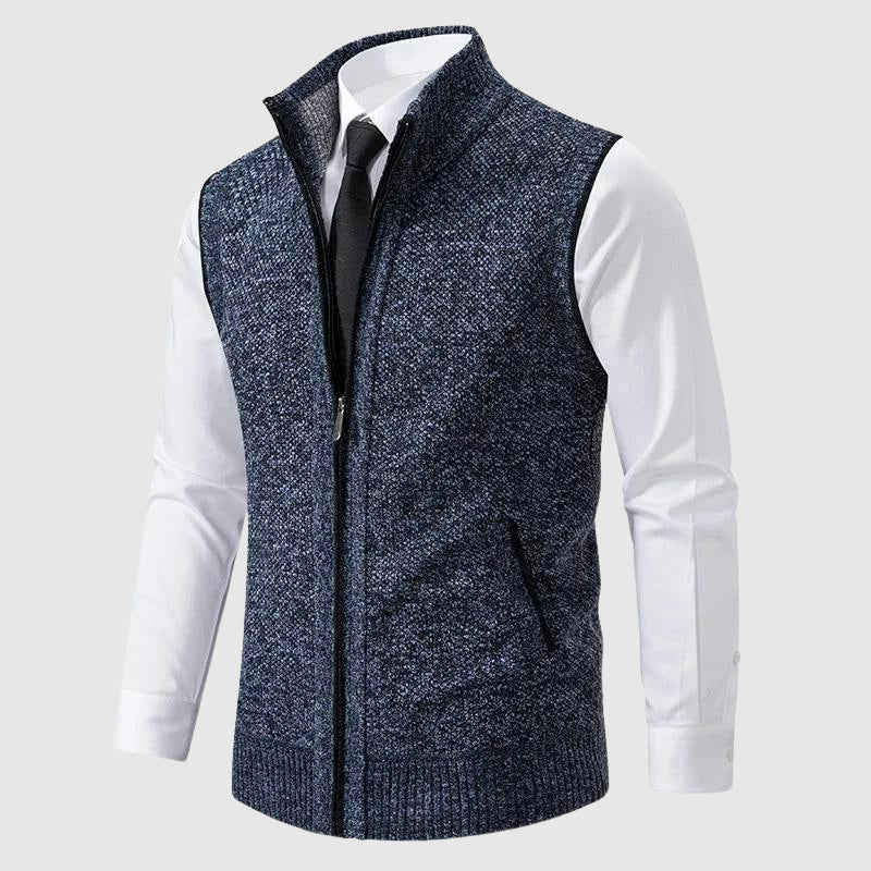 Men's gray wool-blend zip-up sweater vest regular fit sleeveless knit layering piece by Wavlynn