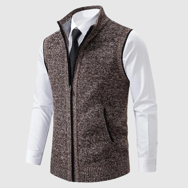 Men's gray wool-blend zip-up sweater vest regular fit sleeveless knit layering piece by Wavlynn