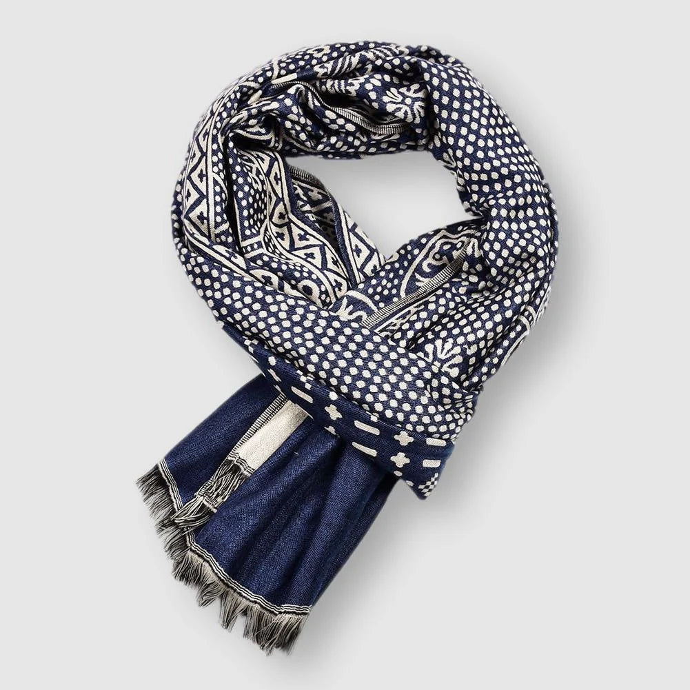 François Blanchet navy and white cotton scarf with pattern-rich design, lightweight 65x195cm wrap