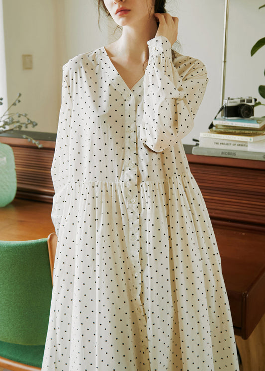 Robe en coton beige à col en V et boutons imprimés à pois pour l'automne - Wavlynn