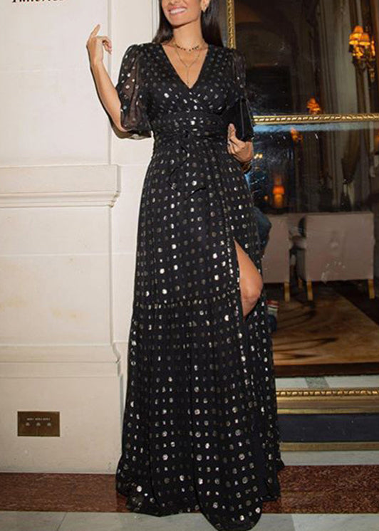 Robe de soirée en mousseline de soie noire à col en V et ourlet extra large pour l'été - Wavlynn