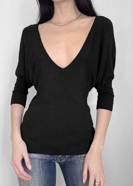 Chemise en tricot noire française à col en V et manches chauve-souris - Wavlynn