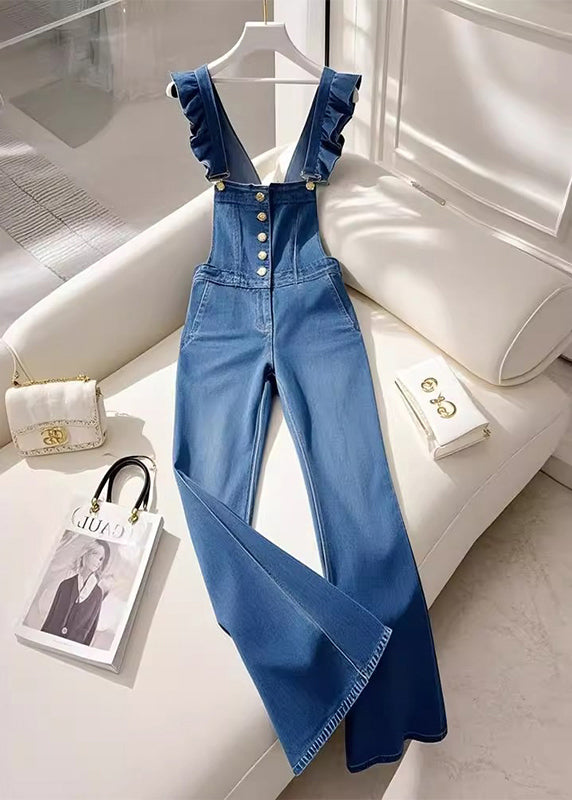 Combinaison salopette en jean bleu français à volants pour l'automne - Wavlynn