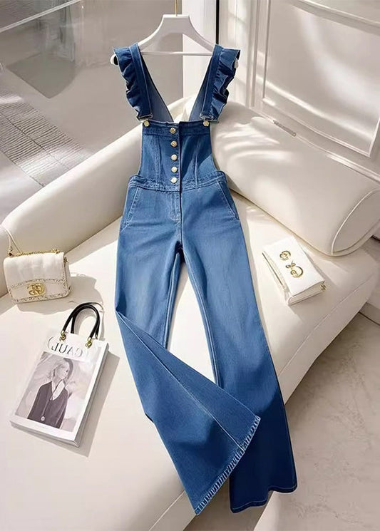 Combinaison salopette en jean bleu français à volants pour l'automne - Wavlynn