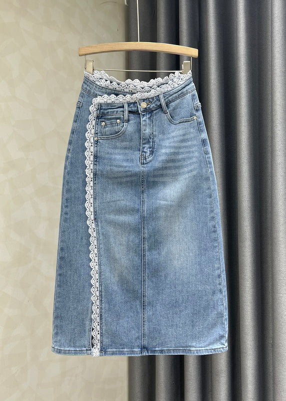 Jupes en jean patchwork en dentelle bleue française ouvertes sur le côté pour l'automne - Wavlynn