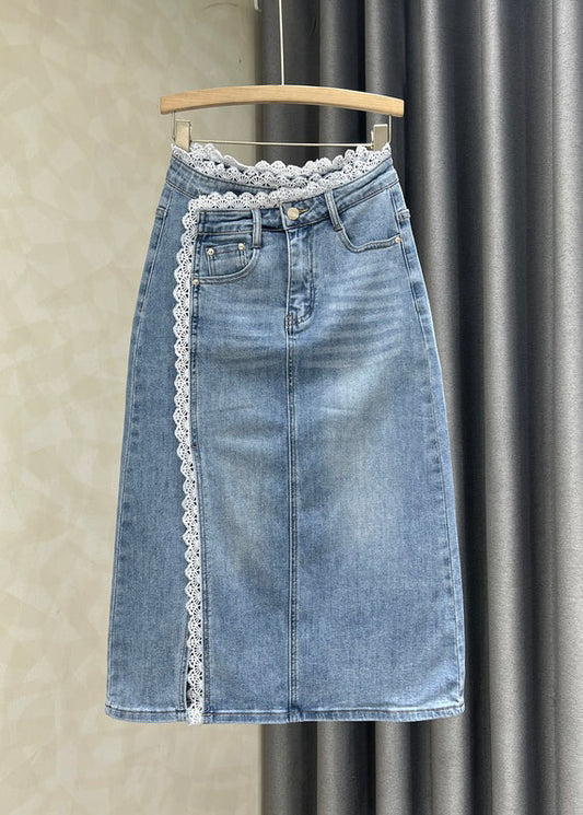 Jupes en jean patchwork en dentelle bleue française ouvertes sur le côté pour l'automne - Wavlynn