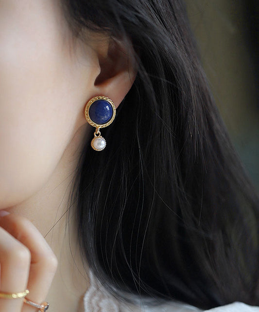 Boucles d'oreilles à tige en alliage d'argent sterling et perles bleues françaises - Wavlynn
