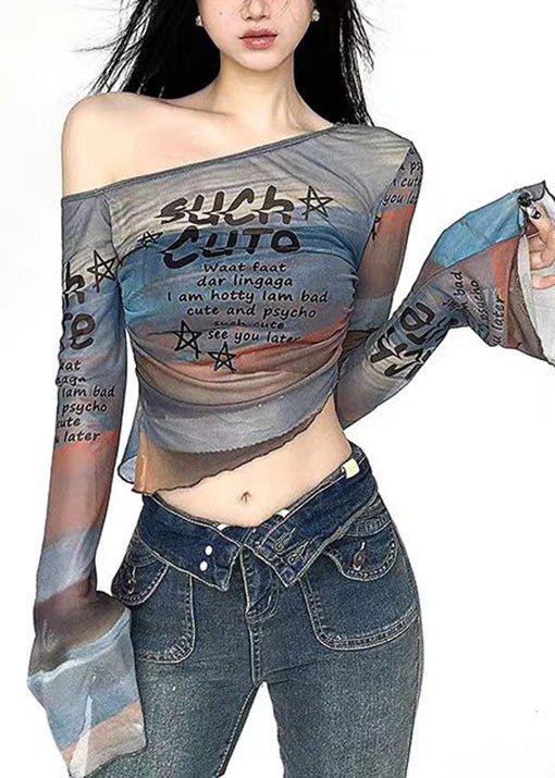 T-shirt français en tulle imprimé à épaules dénudées et manches évasées - Wavlynn
