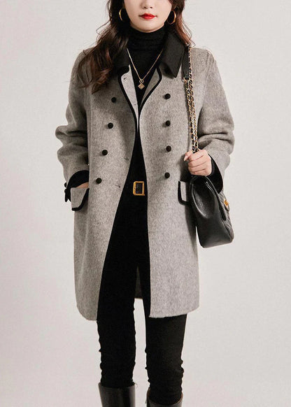 Women's charcoal wool coat double-breasted notched collar relaxed fit mid-thigh length