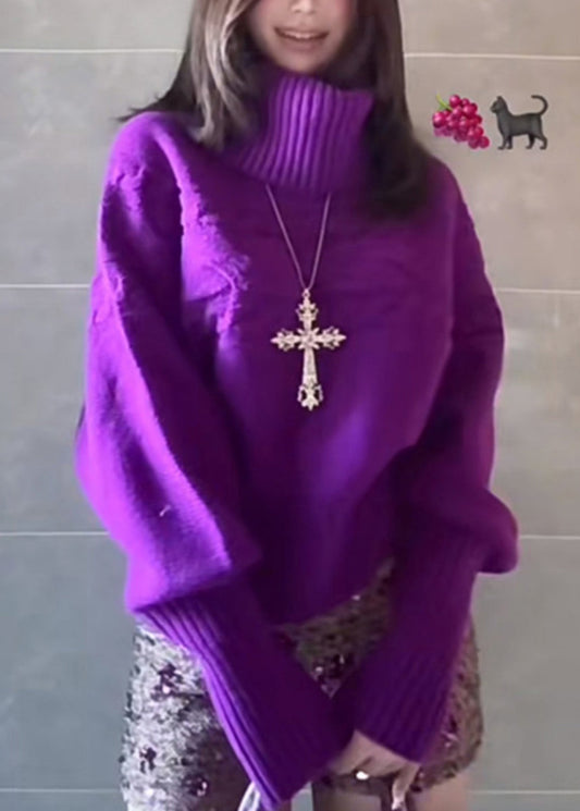 Pulls en maille épaisse violets à col montant pour le printemps - Wavlynn