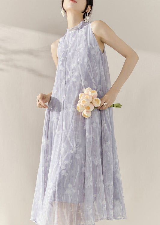 Robe longue d'été en tulle violet à col roulé et imprimé - Wavlynn