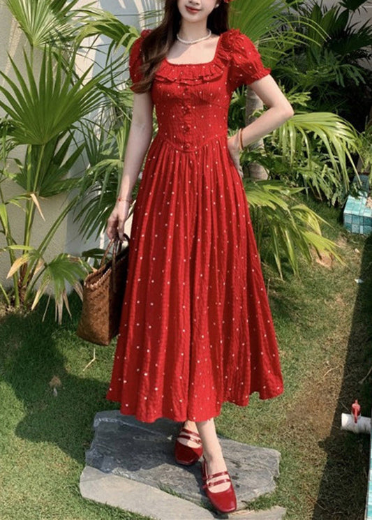 Robe d'été en coton à imprimé pois et volants, col carré rouge français - Wavlynn