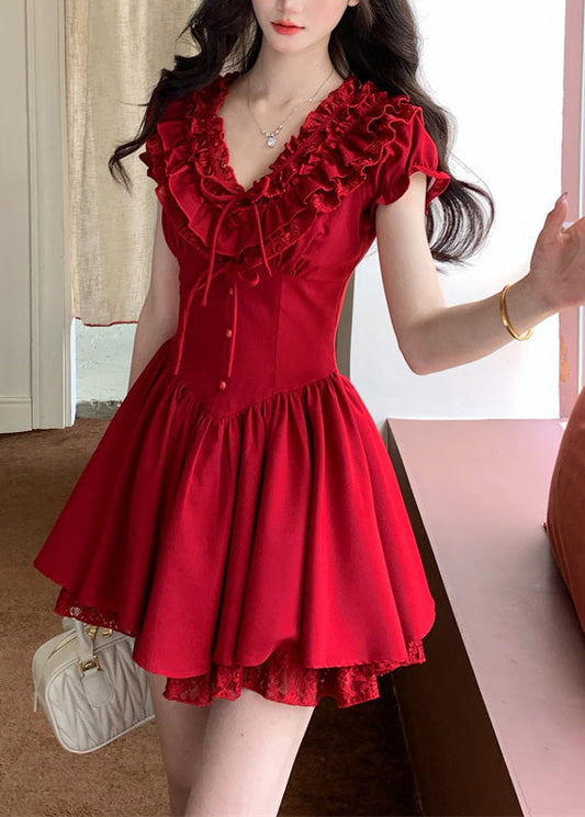Robe mi-longue rouge à volants et col en V en coton patchwork pour l'été - Wavlynn