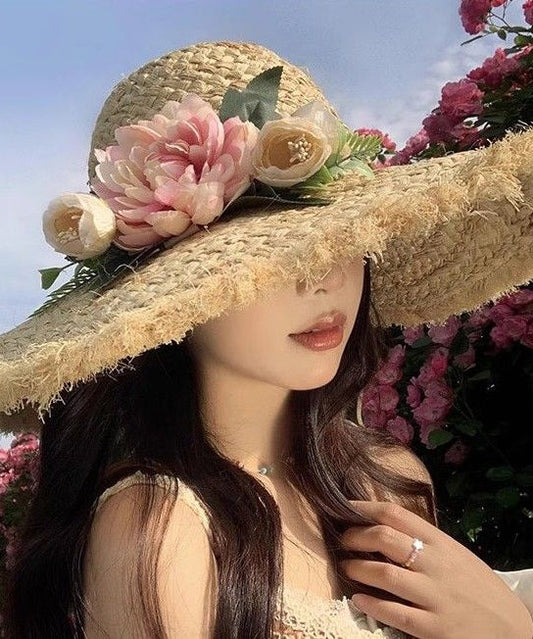 Chapeau de soleil de vacances à large bord en paille tissée à fleurs beige de style français - Wavlynn