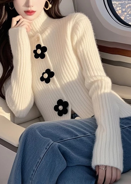Pull en maille florale blanc à col montant, haut de printemps - Wavlynn