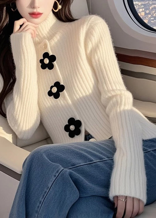 Pull en maille florale blanc à col montant, haut de printemps - Wavlynn
