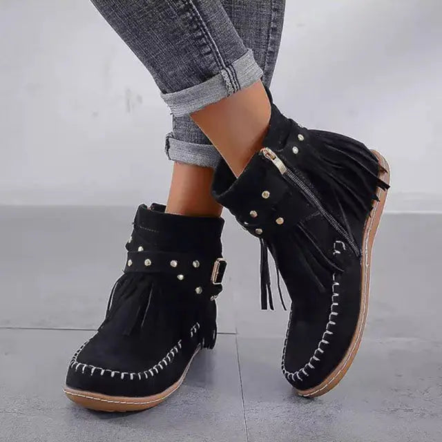 Black fringe buckle boots for women with rivet details and chic belt buckle accent