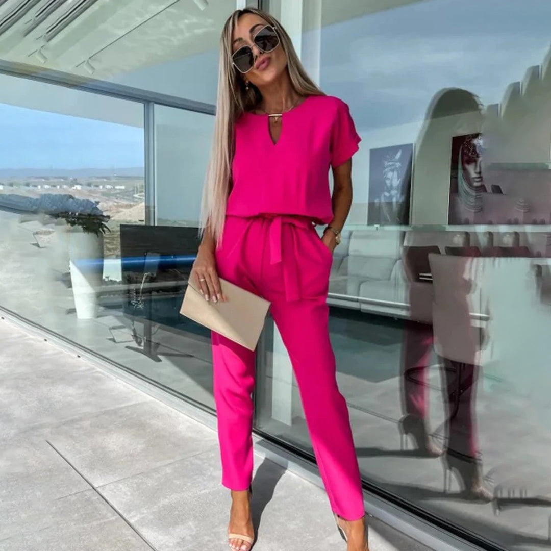Women's elegant short sleeve jumpsuit with elastic waist, comfortable cotton-blend fit for day to night