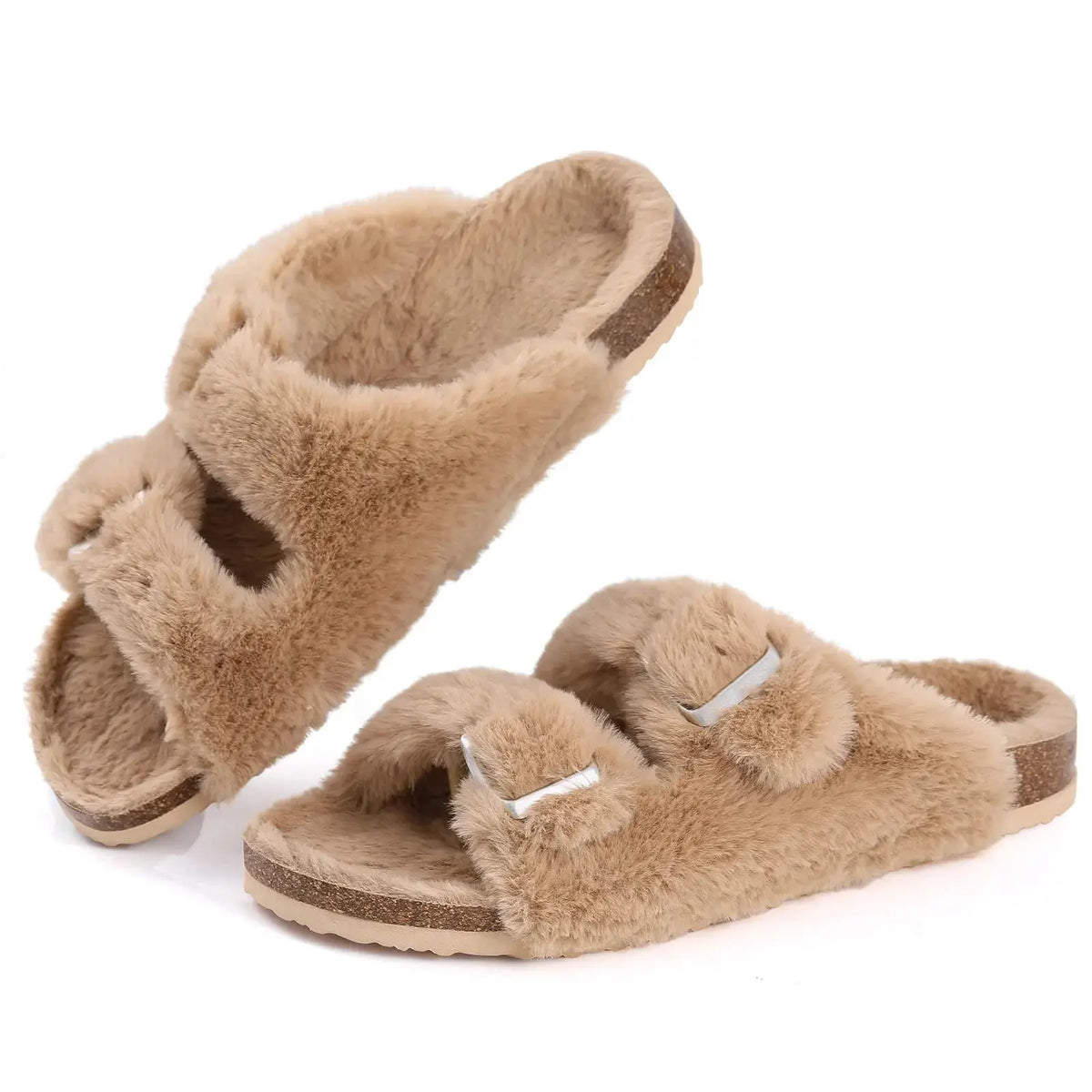 Women's brown suede fur-lined clogs with adjustable buckle strap for cozy winter comfort