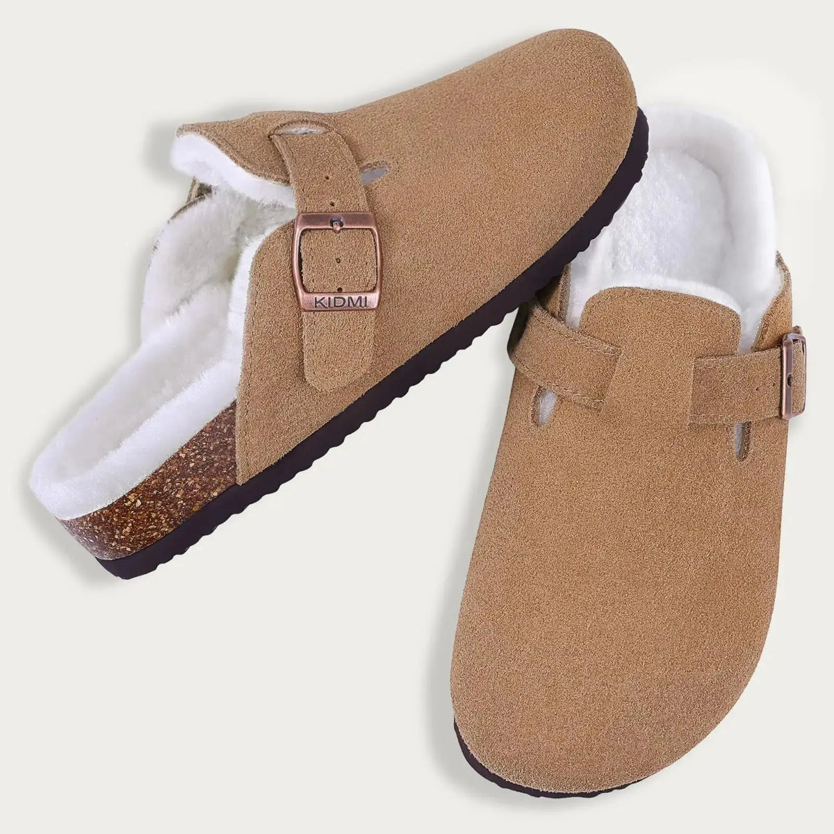 Women's brown suede fur-lined clogs with adjustable buckle strap, cozy winter mules