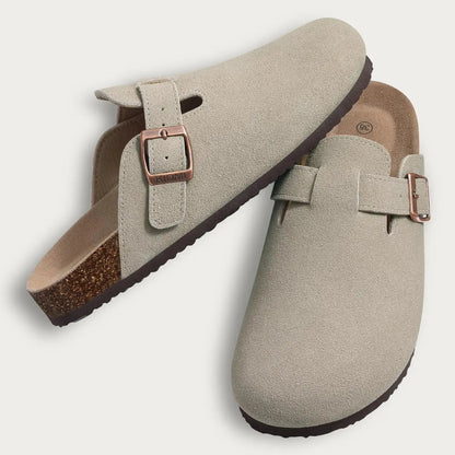 Women's brown suede fur-lined clogs with adjustable buckle strap, cozy winter mule style