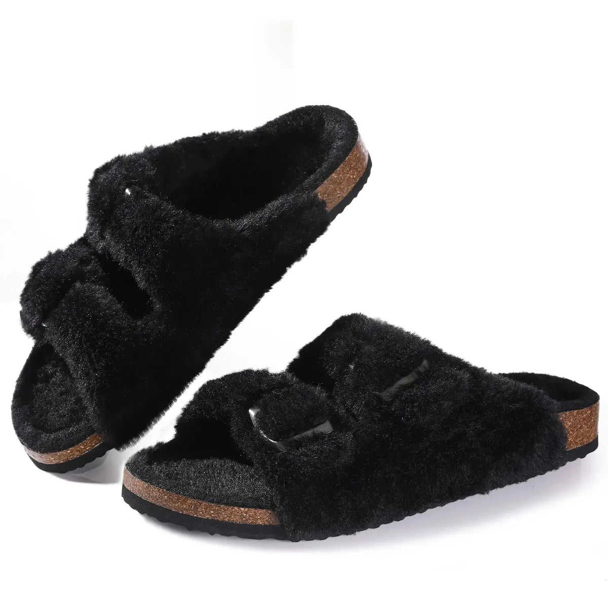 Women's fur-lined suede clogs in neutral tone, cozy mule style with adjustable buckle for winter comfort