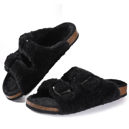 Women's fur-lined suede clogs in neutral tone, cozy mule style with adjustable buckle for winter comfort