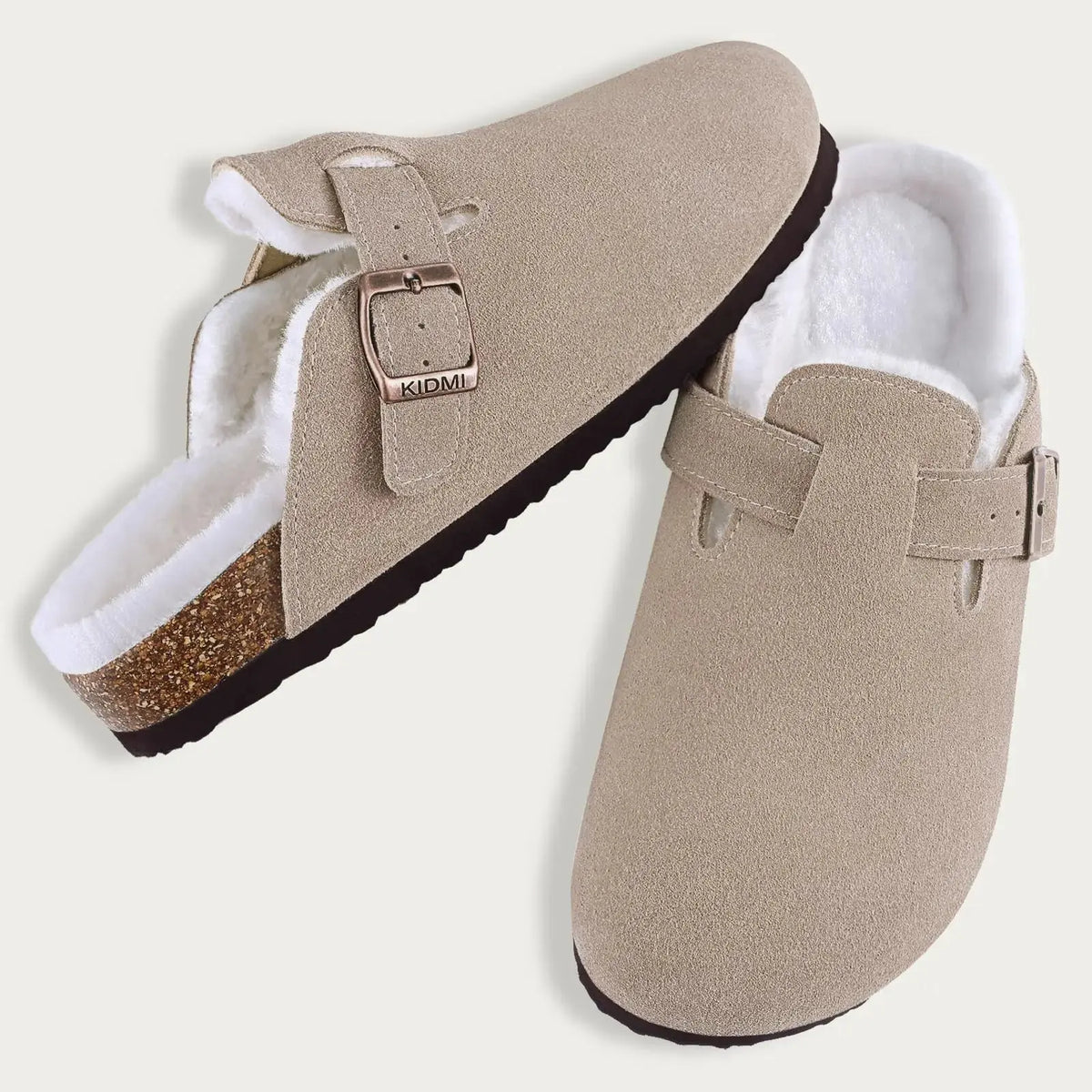 Women's fur-lined suede clogs in neutral tone, cozy winter mules with adjustable buckle strap