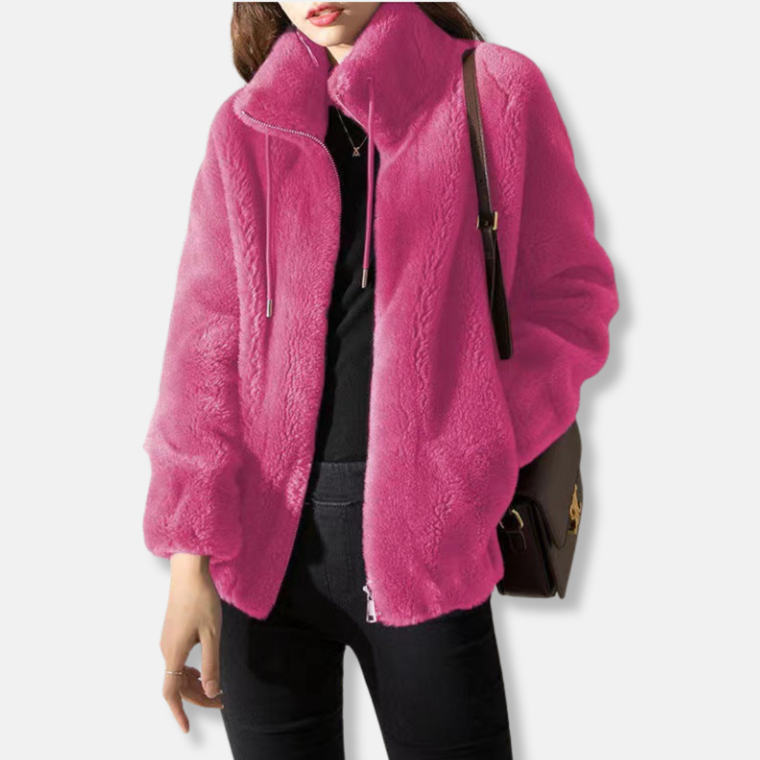 Women's cozy relaxed fit fleece jacket with stand collar, full zip closure, and elastic cuffs
