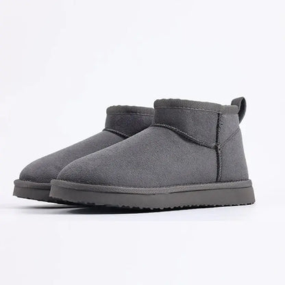 Women's fuzzy short ankle boots with plush fur lining, cozy winter style in neutral tones