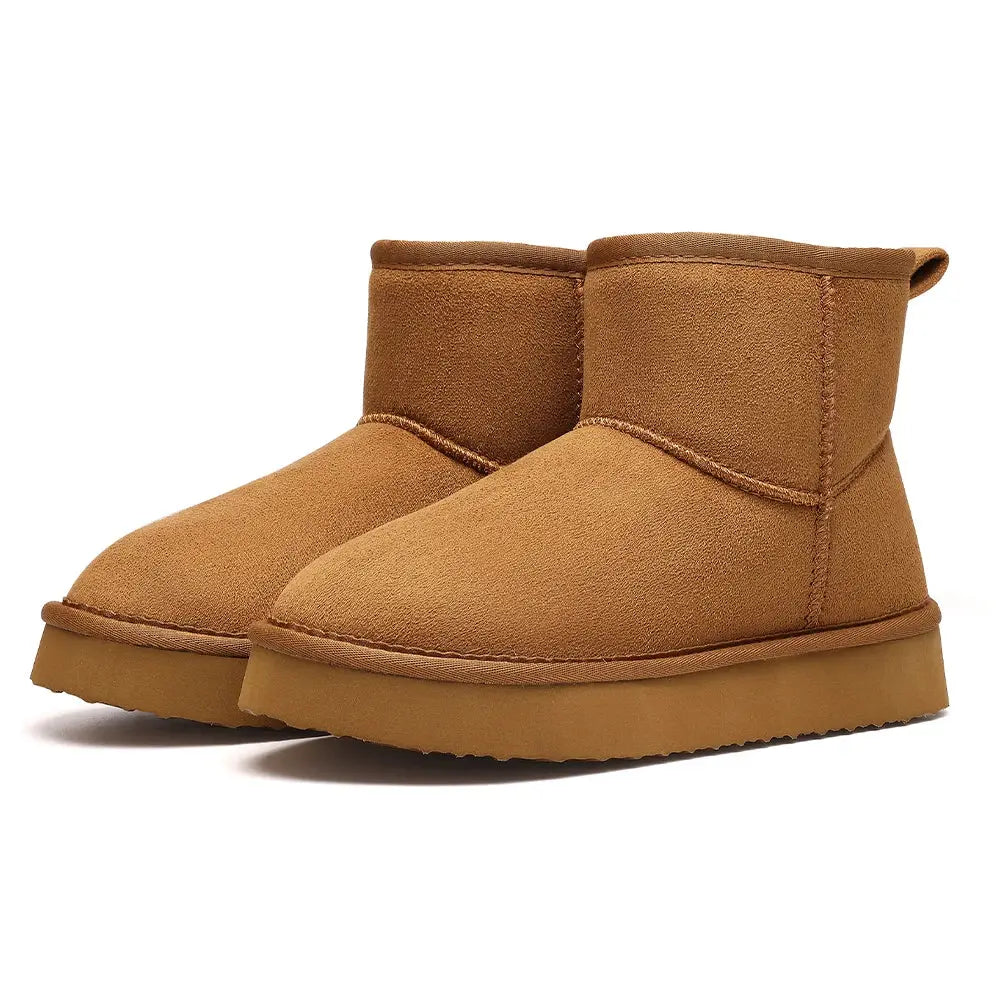 Women's fuzzy short ankle boots with soft fur lining, cozy winter style in neutral tones