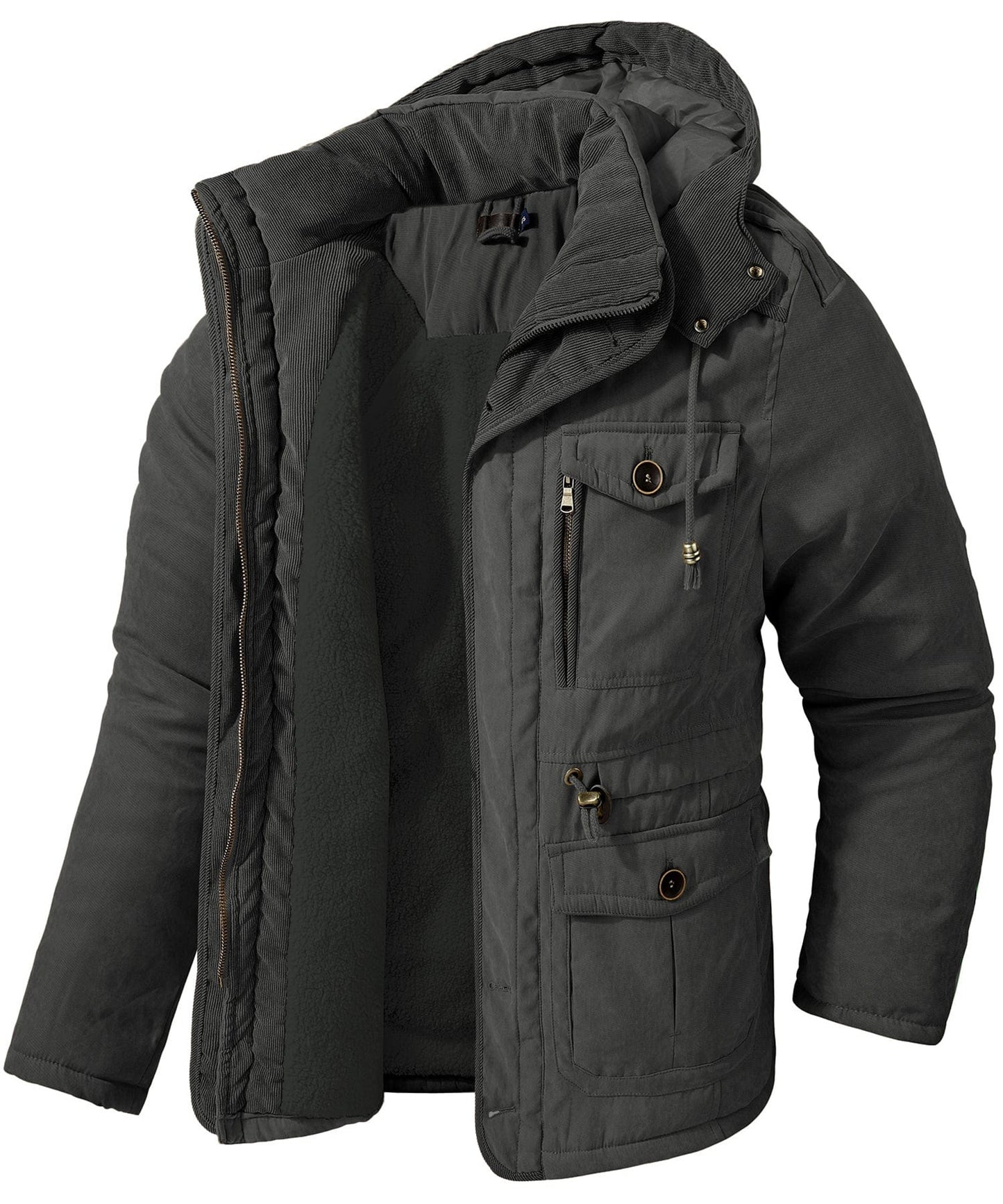 Men's dark insulated winter jacket fleece-lined heavyweight hood cold-weather outdoor style by Wavlynn