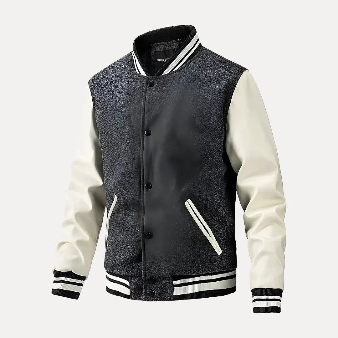 Gabe black varsity jacket with classic baseball collar and edgy motorcycle-inspired design