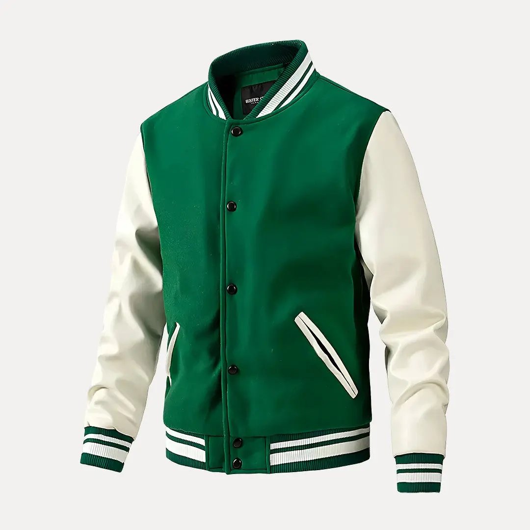 Gabe black varsity jacket with classic baseball collar and edgy motorcycle-inspired design