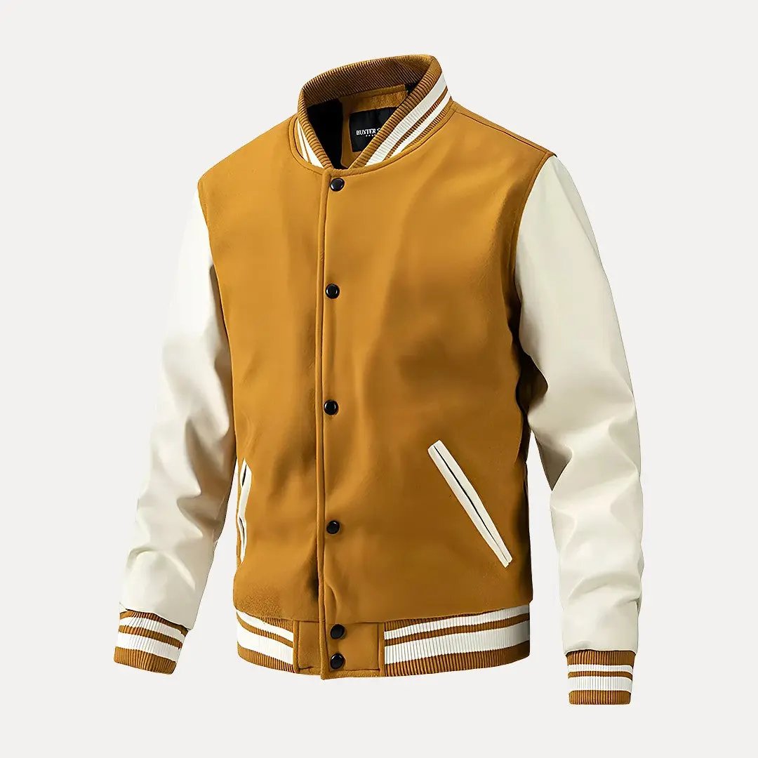 Gabe black varsity jacket with motorcycle-inspired design and classic baseball collar