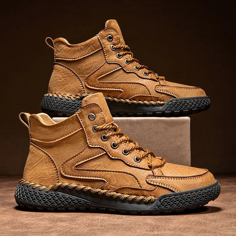 Rugged brown leather lace-up boots with anti-slip rubber sole and reinforced protective toe design