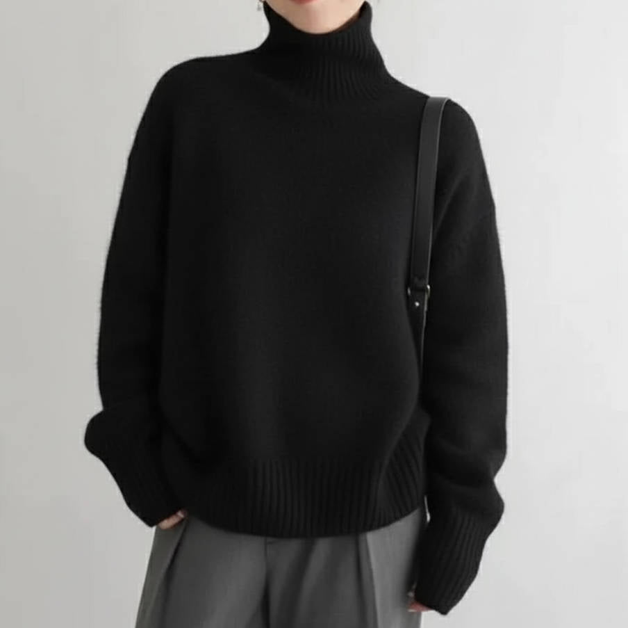 Women's oversized cashmere turtleneck sweater relaxed silhouette soft lightweight luxury everyday