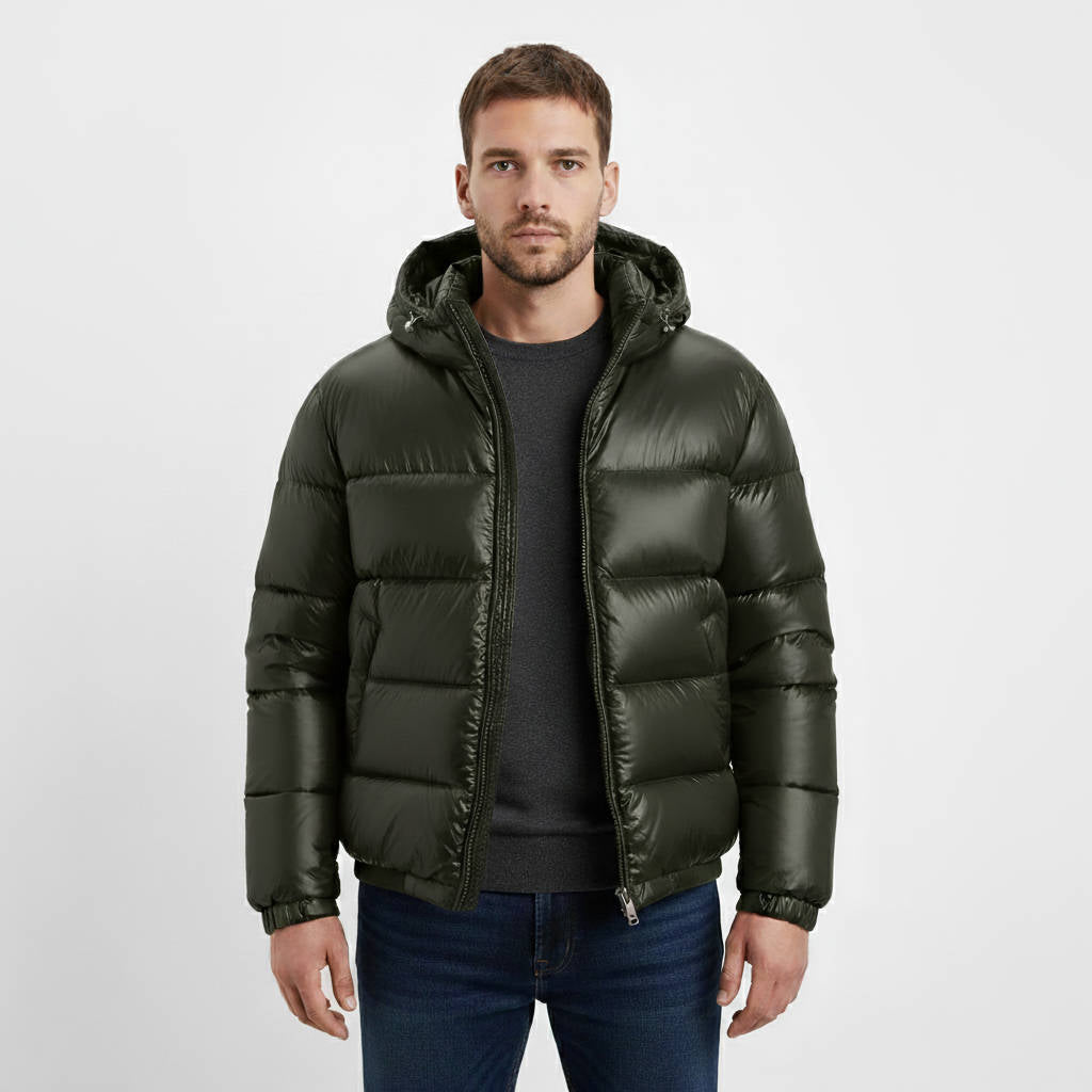 Men's glossy puffer jacket with hood, lightweight insulated windproof waterproof winter coat