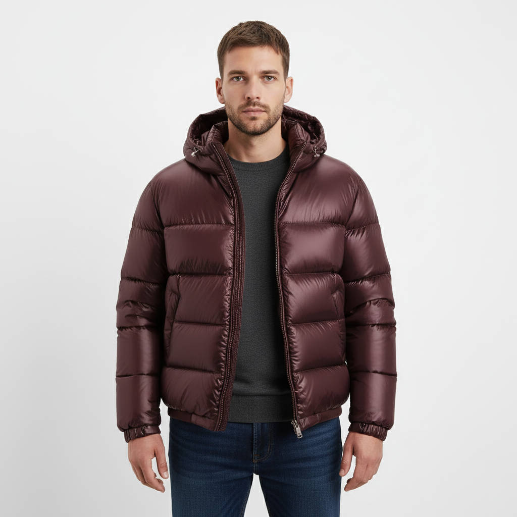 Men's glossy puffer jacket with hood, lightweight insulated windproof waterproof winter coat