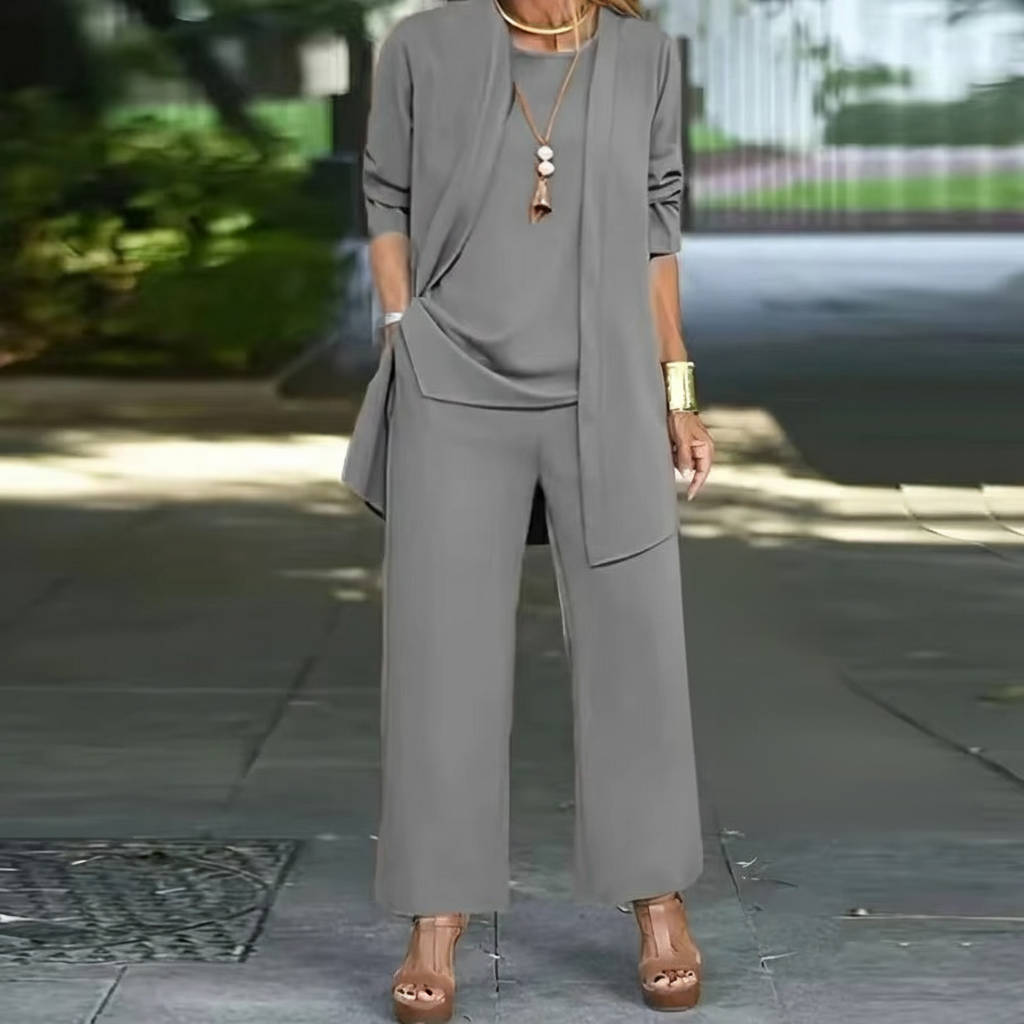 Women's 3-piece pantsuit elegant versatile ensemble with structured vest, polished professional style